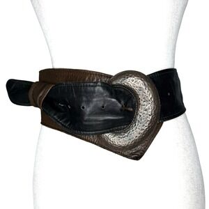 Vintage Wide Leather Belt Black Brown Waist Cinch V Slouch Statement 25.5"-32.5"